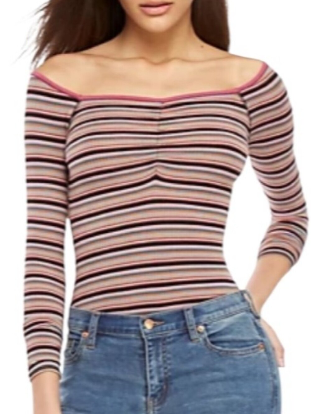 Free People Purple Stiped V-Neck Long Sleeve Bodysuit